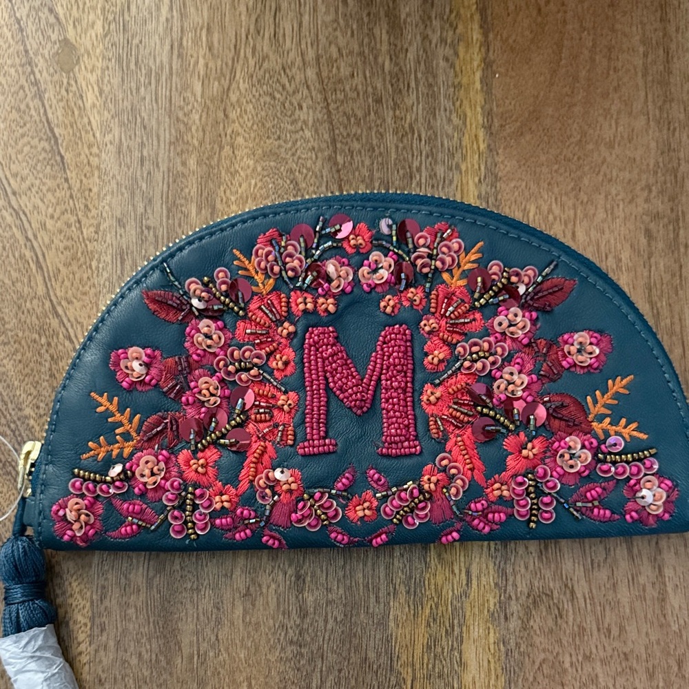 NWT Anthropologie x Anna Harlow Russo Floral Embroidered “M” Clutch with Tassel